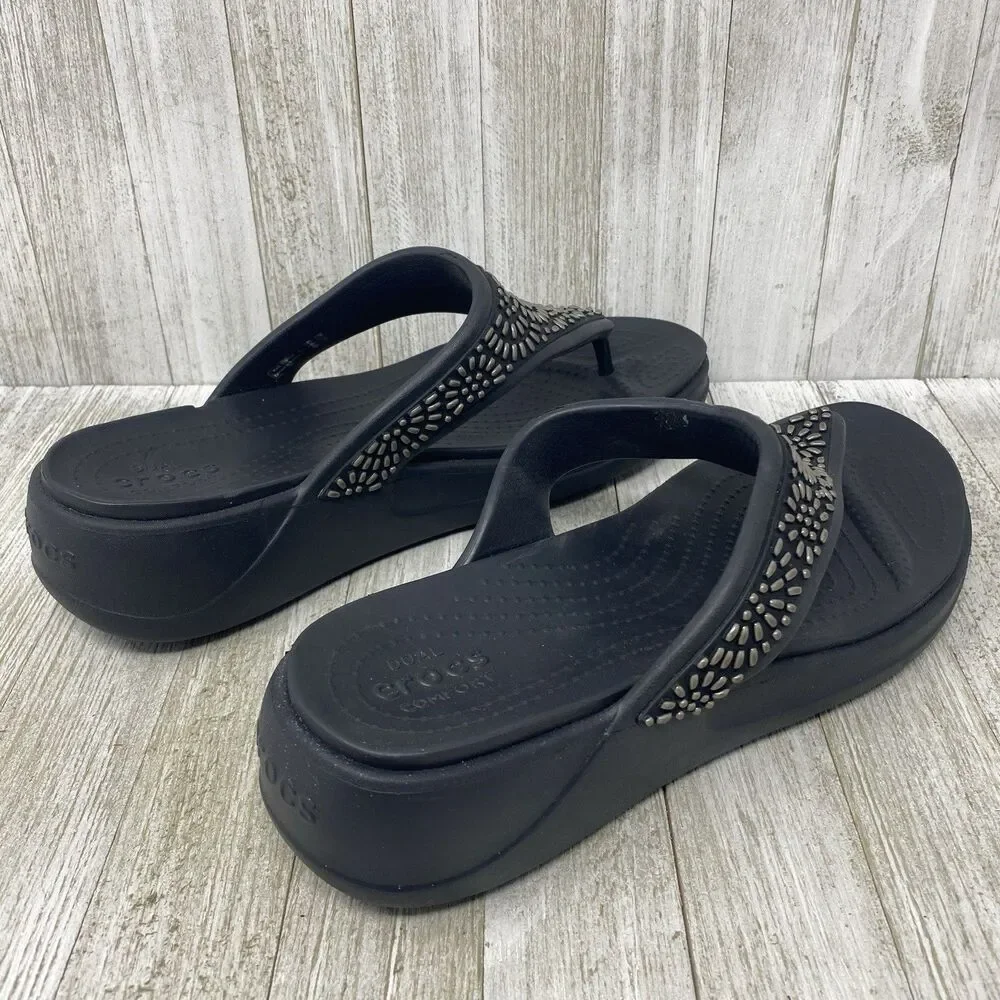 Crocs Sandals Womens 10  Flip Flops Wedge Dual Comfort Monterey Diamante Black - Picture 4 of 11